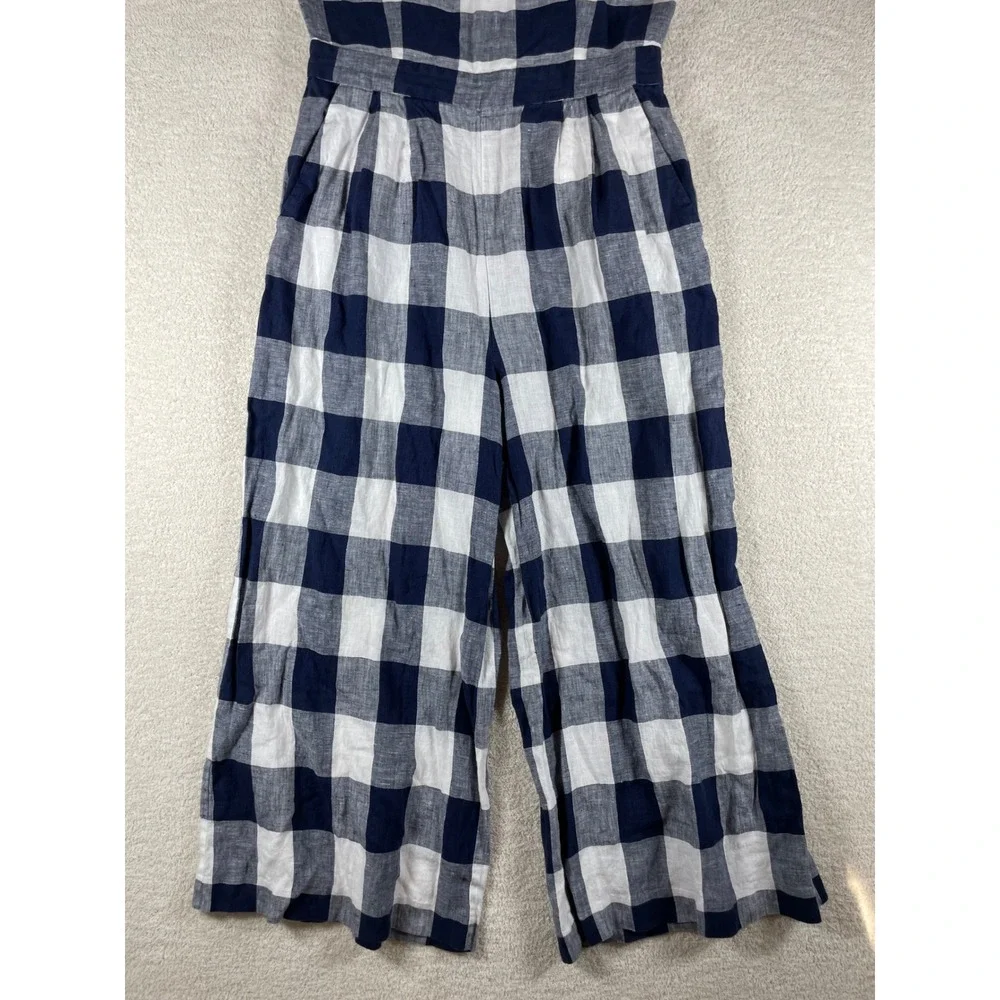 j. crew gingham 100% beauchamps linen capri wide leg jumpsuit 4 coastal preppy